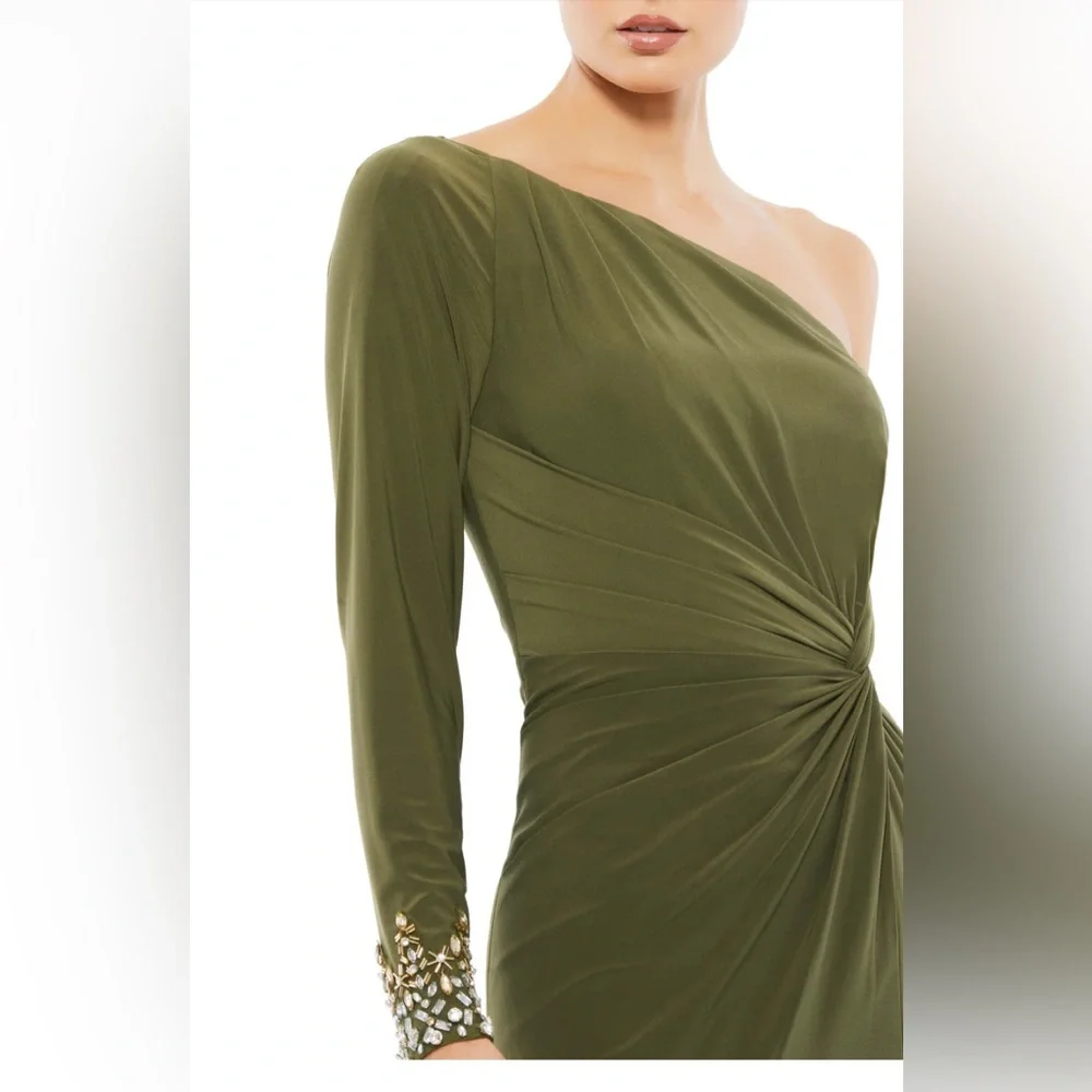 NWT Mac Duggal One Sleeve Beaded Cuff Side Twist Gown Olive 2 55696 - Picture 2 of 7